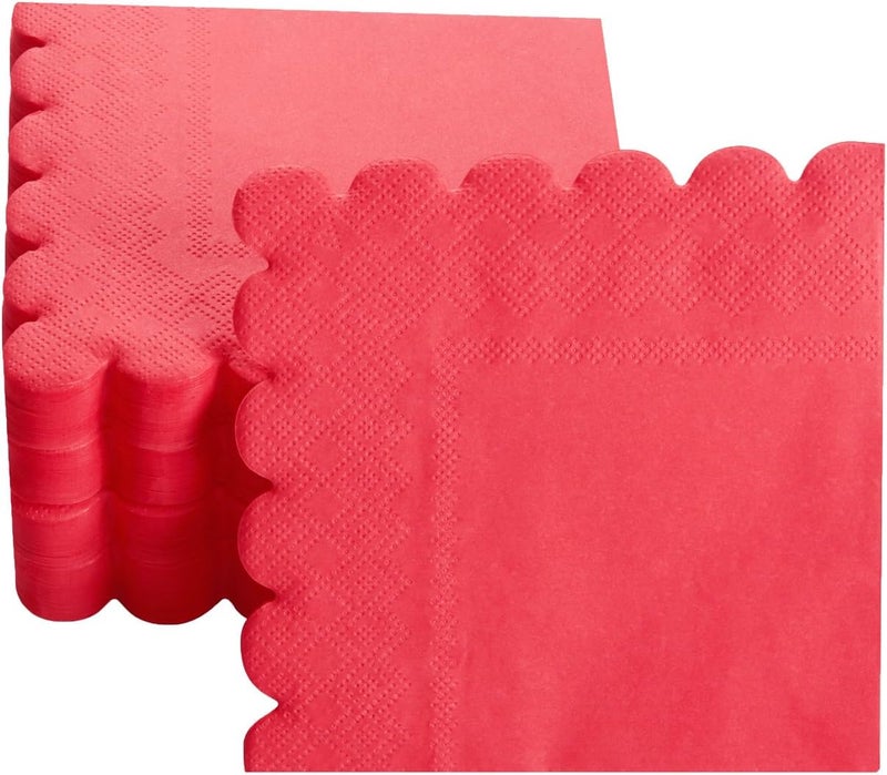 BEFORYOU 100 Pack Cocktail Napkin 2-Ply Scalloped Edged Dessert Napkins Folded 5 x 5 Inches Disposable Napkins for Dinner Wedding Birthday Party Bridal Anniversary Reception Event (Red) - Image 4